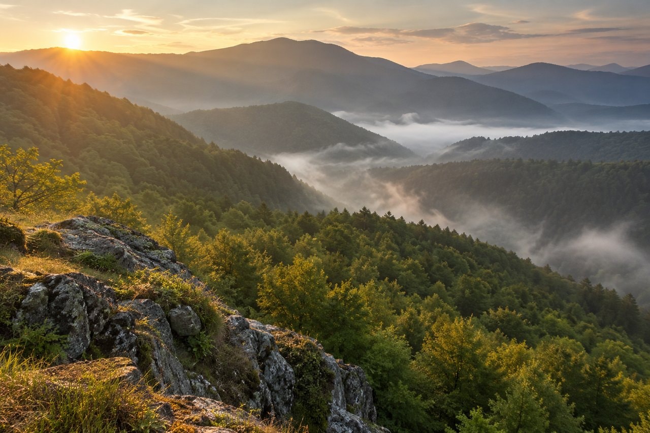 Misty wooded ridges in soft morning light